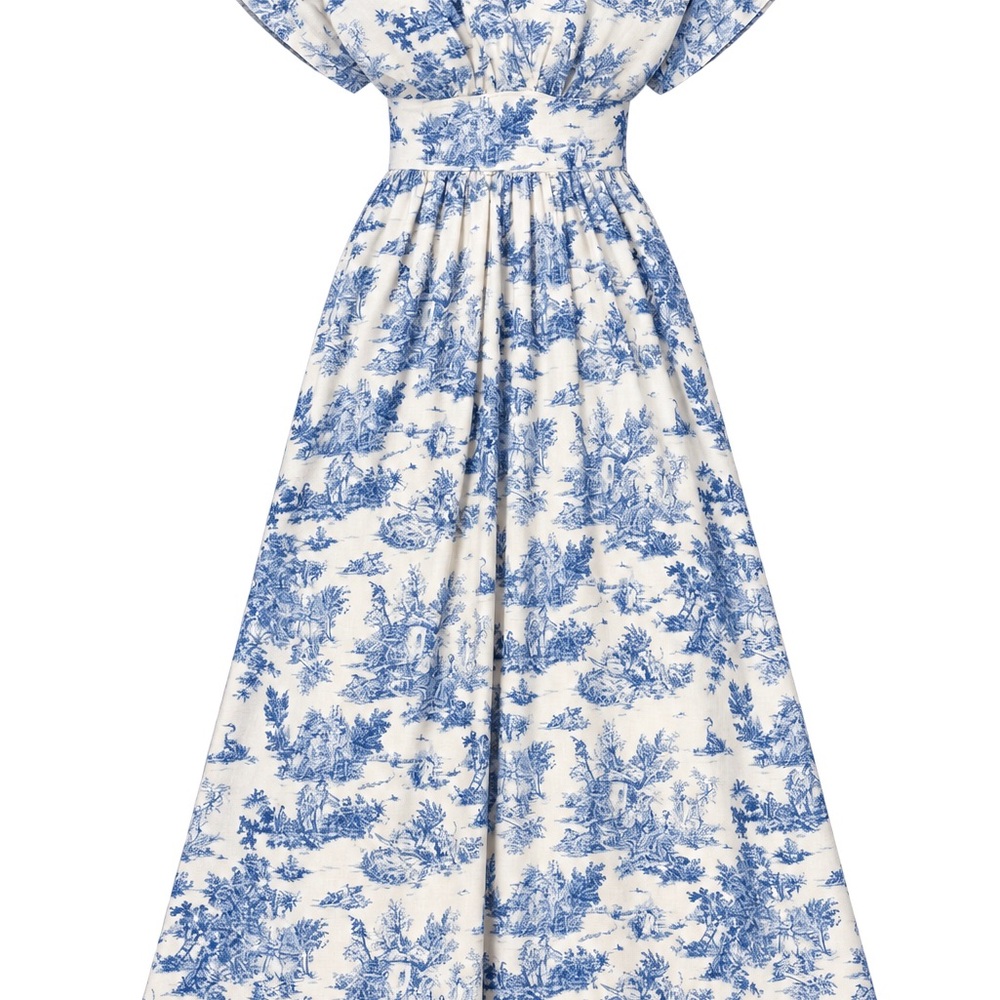 Blue and White Floral V-Neck Midi Dress - Picture 2 of 6